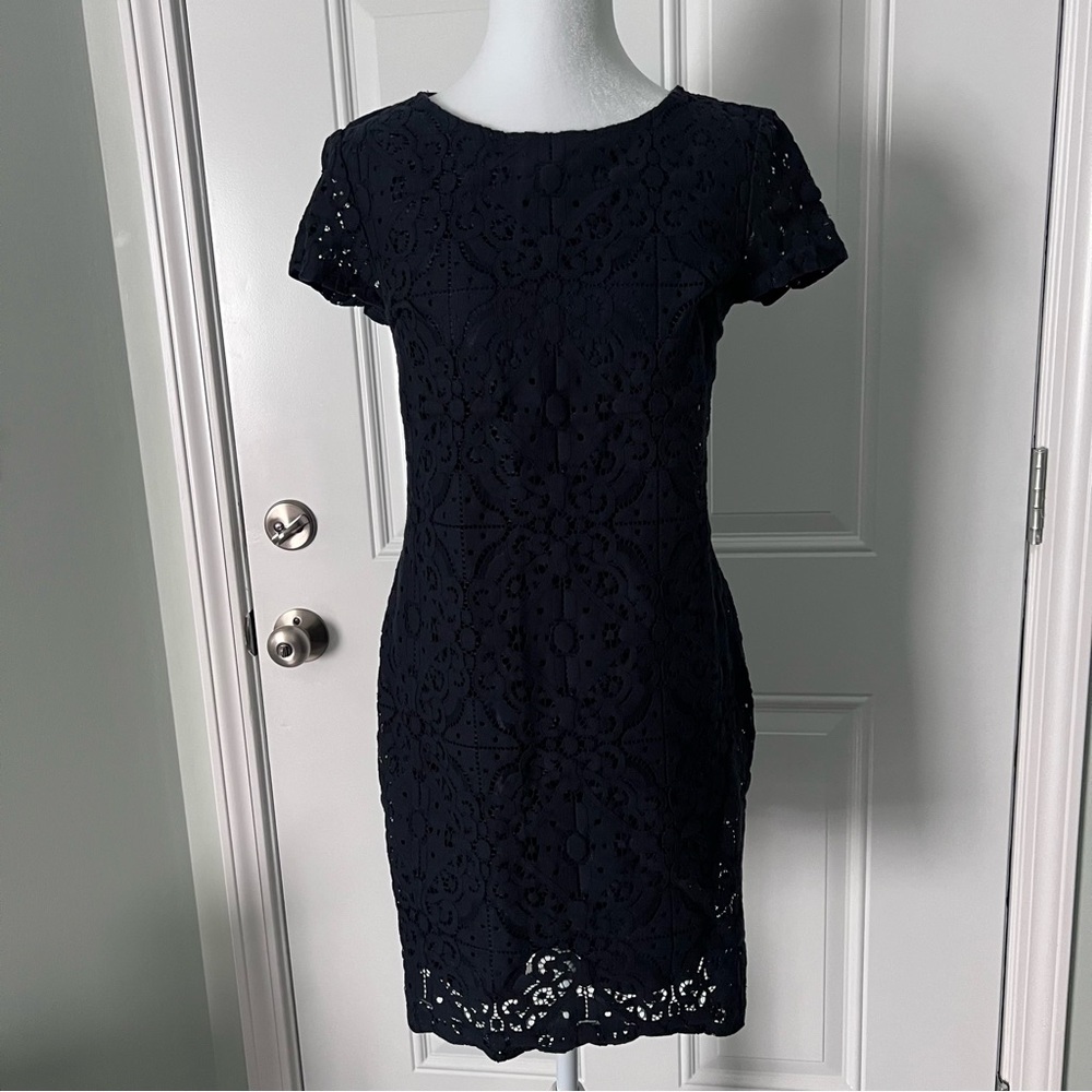 J.CREW Women's Navy Blue Short Sleeve Dress Size 2 Lace Office Causal Classic